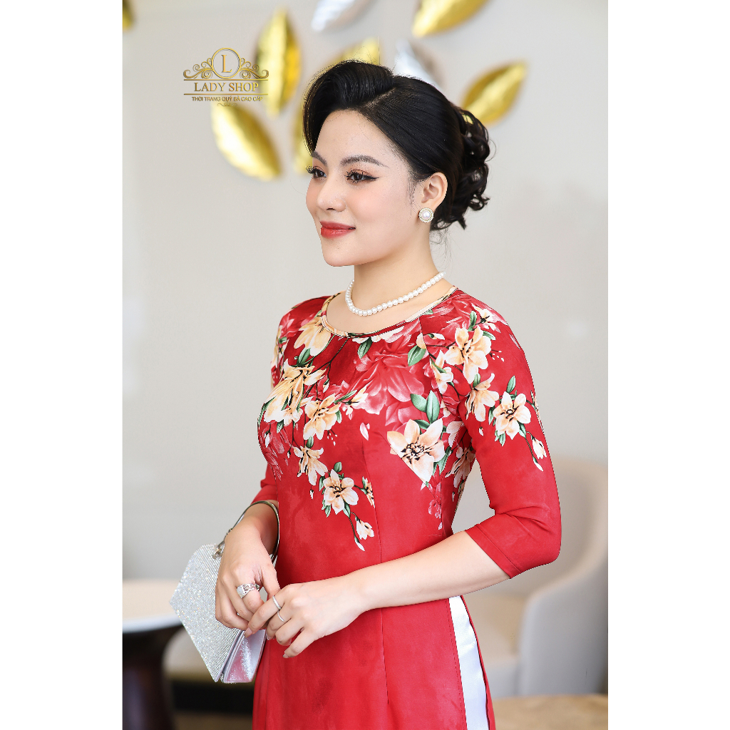 Áo dài lụa nhật hoa ly Ladyshop thời trang trung niên cao cấp T213