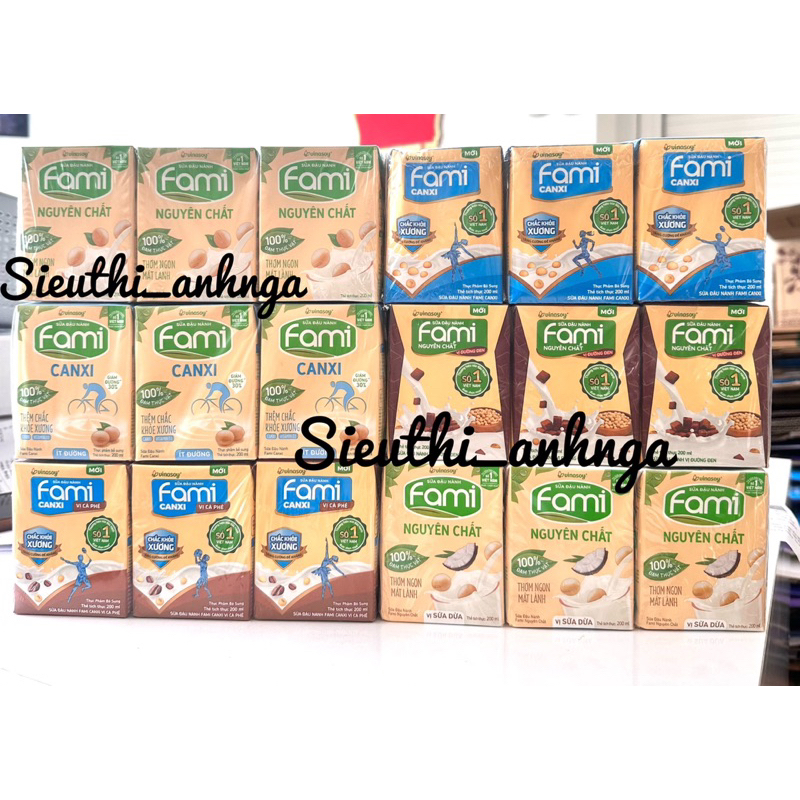 Lốc 6 hộp Sữa đậu nành Fami 200ml nguyên chất, Canxi Đủ Vị
