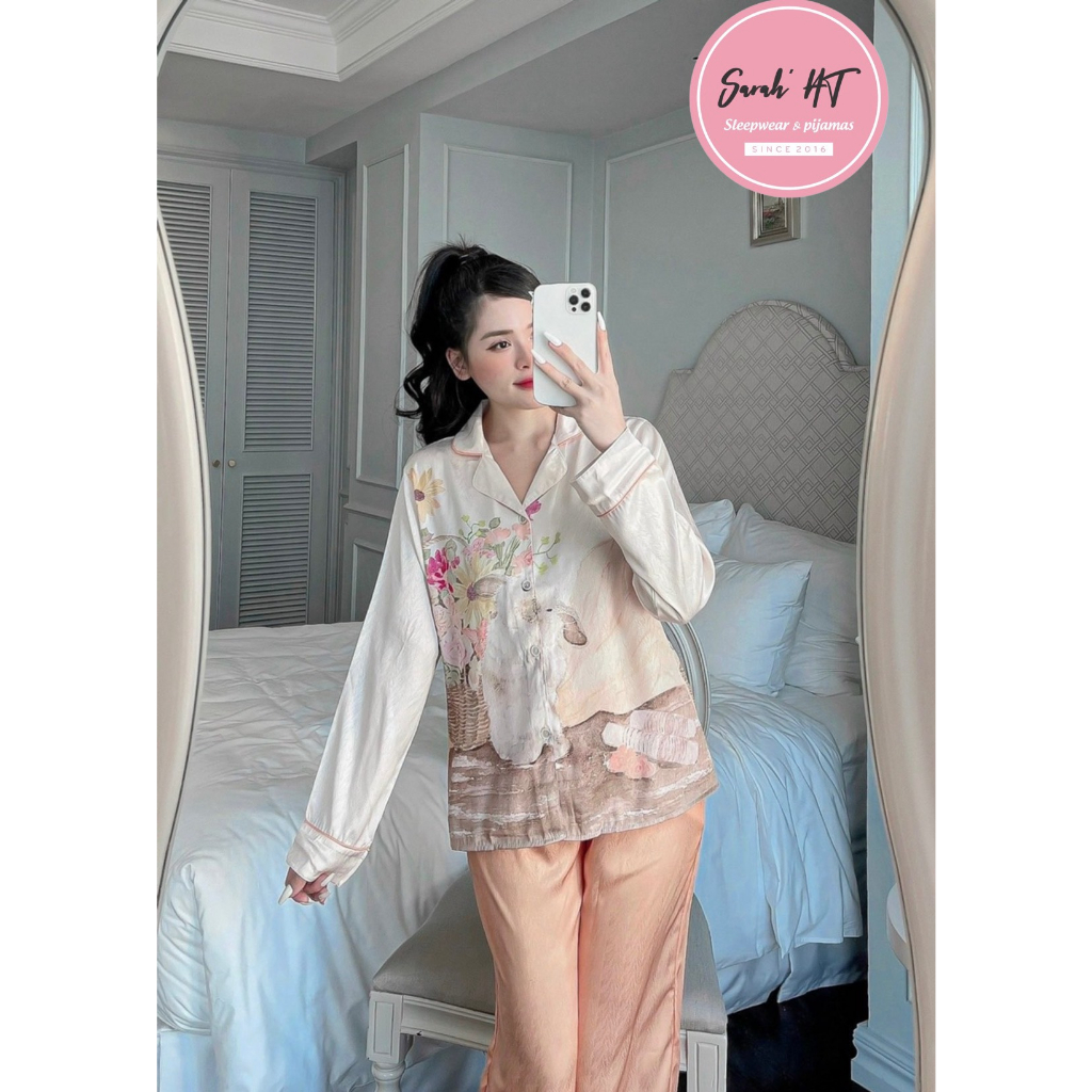 PYJAMA NỮ XƯỚC thỏ hoa màu cam đào - đồ bộ mặc nhà