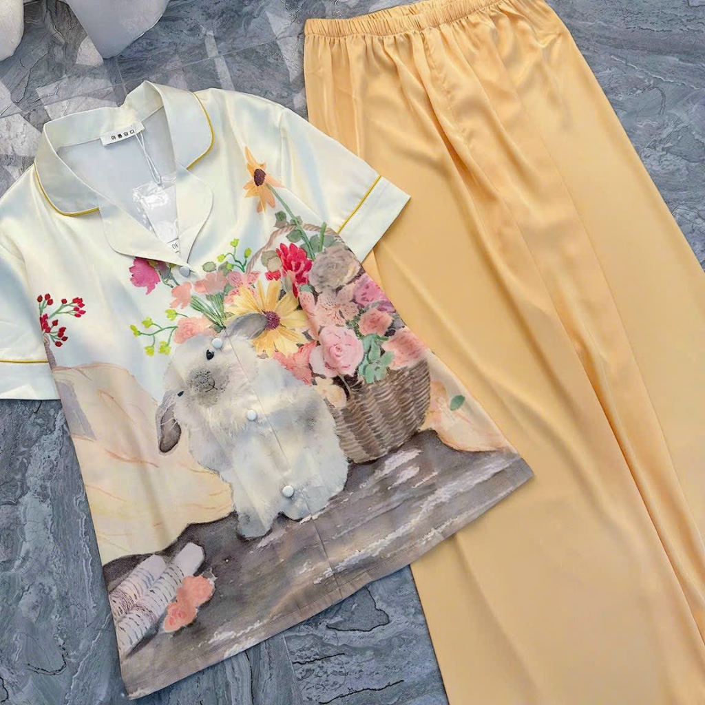 PYJAMA NỮ XƯỚC thỏ hoa màu cam đào - đồ bộ mặc nhà