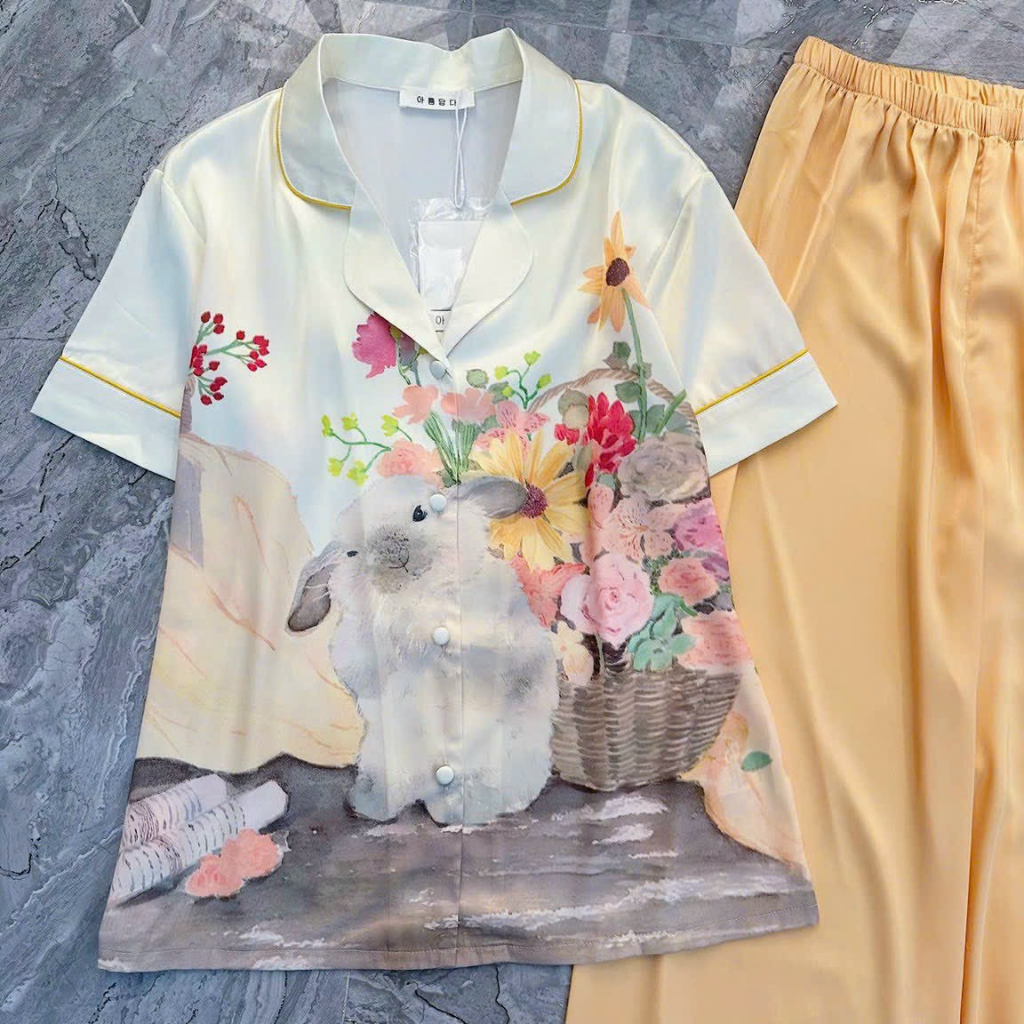 PYJAMA NỮ XƯỚC thỏ hoa màu cam đào - đồ bộ mặc nhà