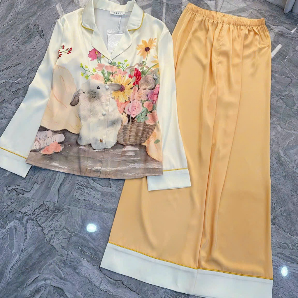 PYJAMA NỮ XƯỚC thỏ hoa màu cam đào - đồ bộ mặc nhà