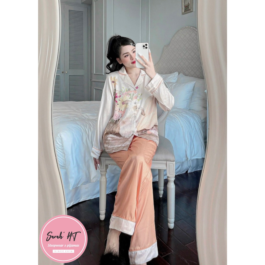 PYJAMA NỮ XƯỚC thỏ hoa màu cam đào - đồ bộ mặc nhà