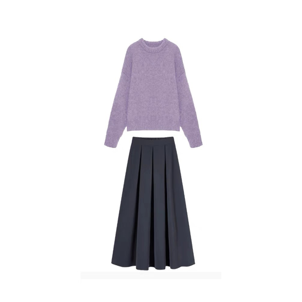 Áo len lông màu tím ngọt ngào vintage MORAN form rộng + Chân váy xòe dài điệu đà