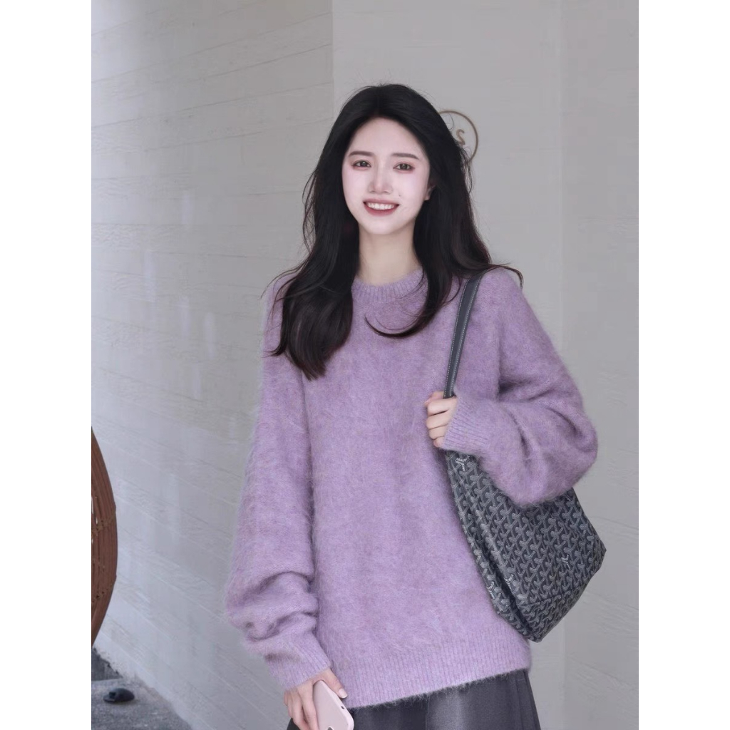 Áo len lông màu tím ngọt ngào vintage MORAN form rộng + Chân váy xòe dài điệu đà