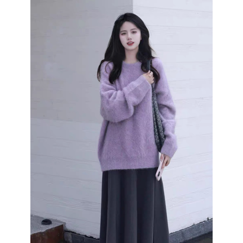 Áo len lông màu tím ngọt ngào vintage MORAN form rộng + Chân váy xòe dài điệu đà