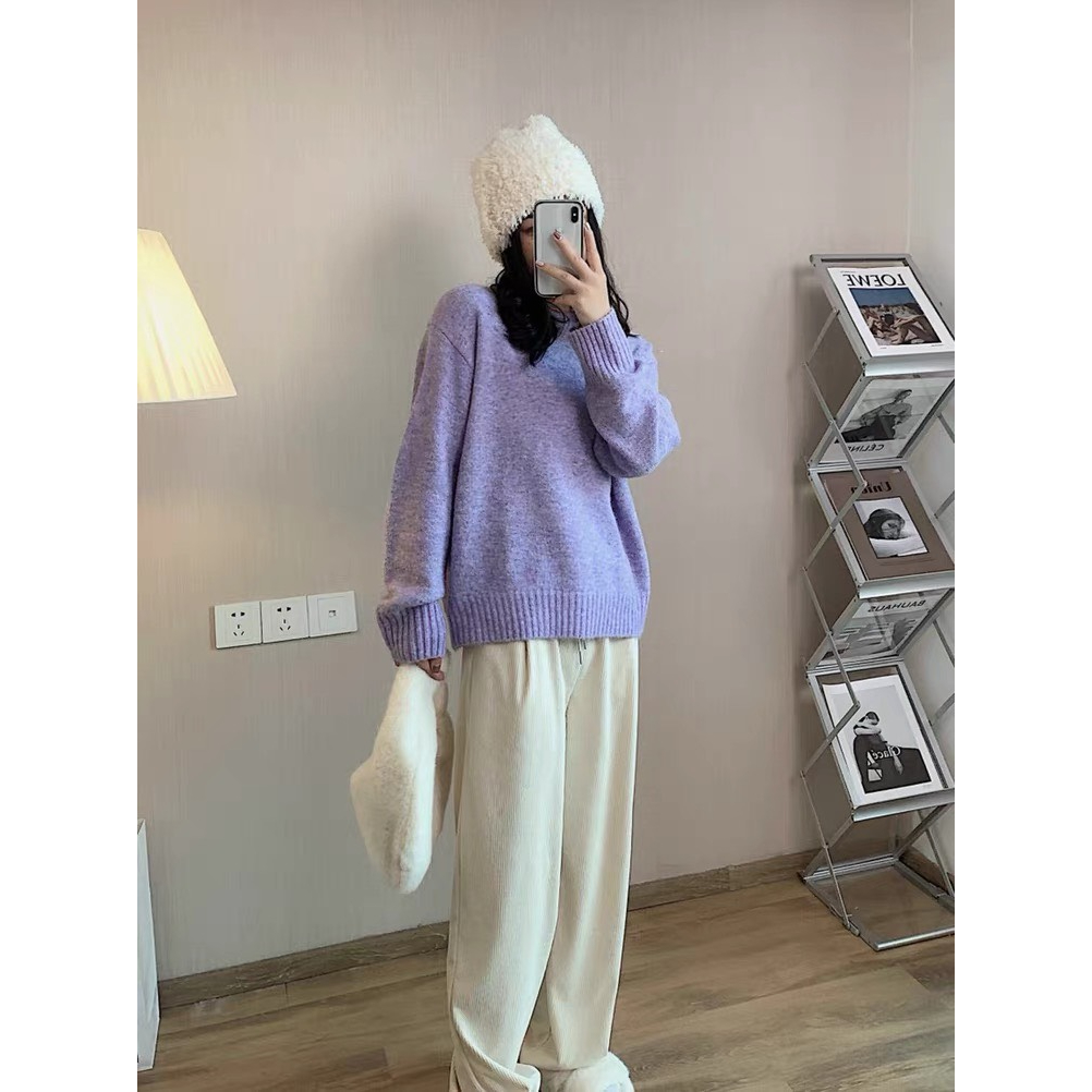 Áo len lông màu tím ngọt ngào vintage MORAN form rộng + Chân váy xòe dài điệu đà