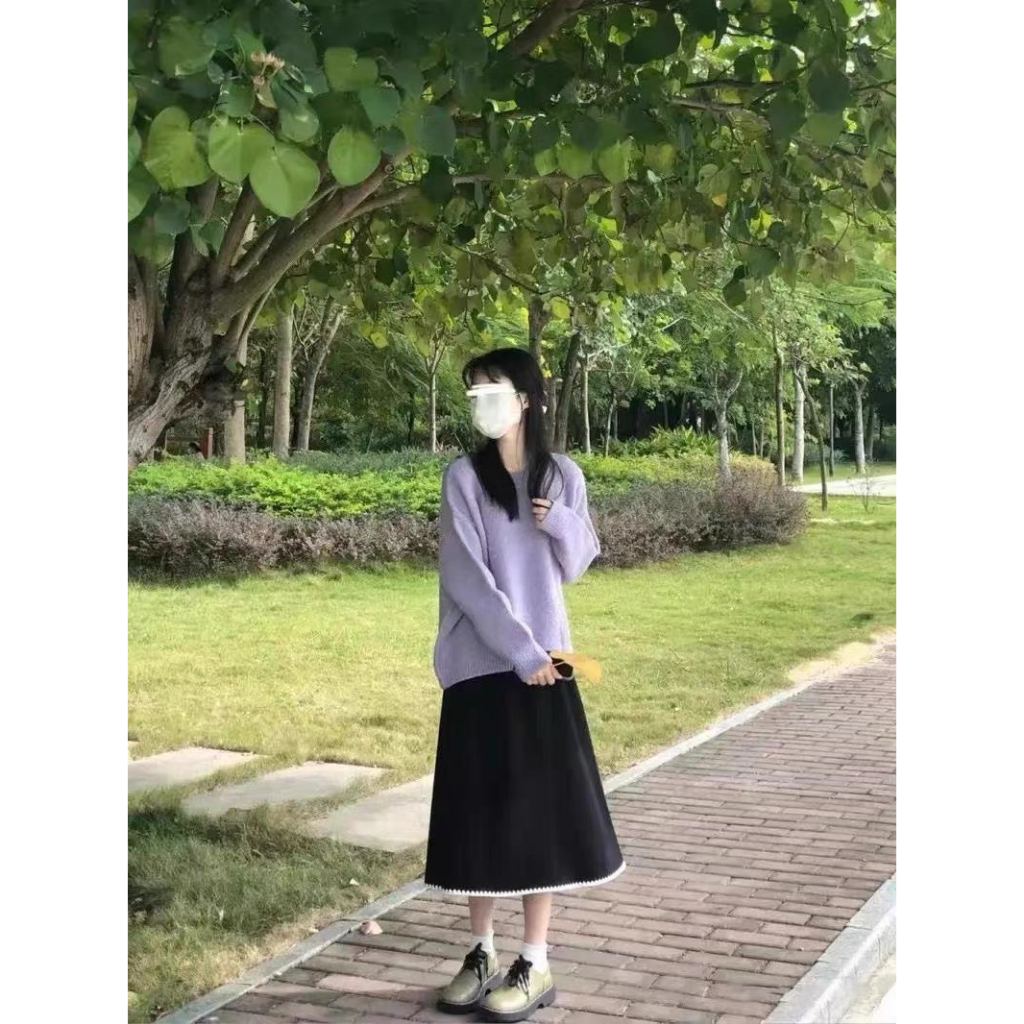 Áo len lông màu tím ngọt ngào vintage MORAN form rộng + Chân váy xòe dài điệu đà