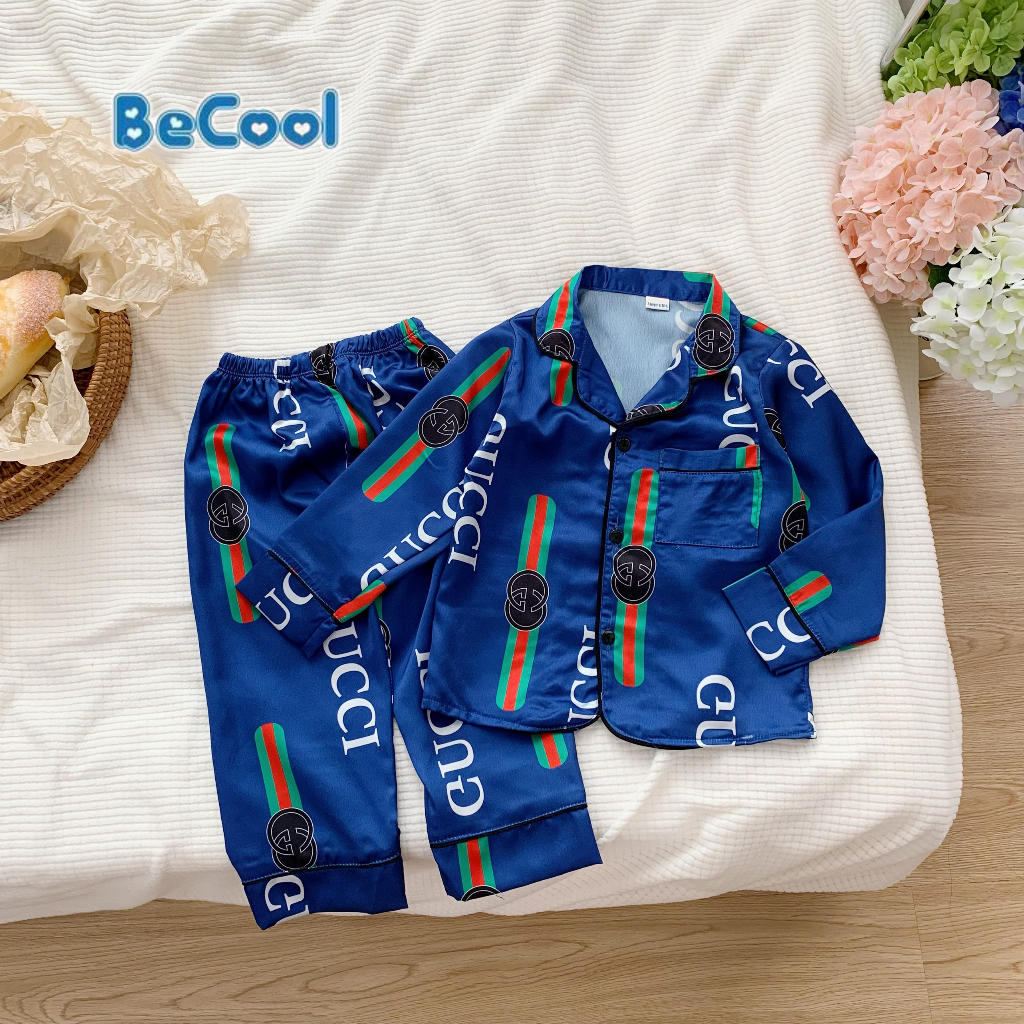 Bộ Pijama Chanel Cho Bé Dài Tay Chất Lụa Cao Cấp, Đồ Ngủ Cho Bé Trai Bé Gái Từ 9-27kg