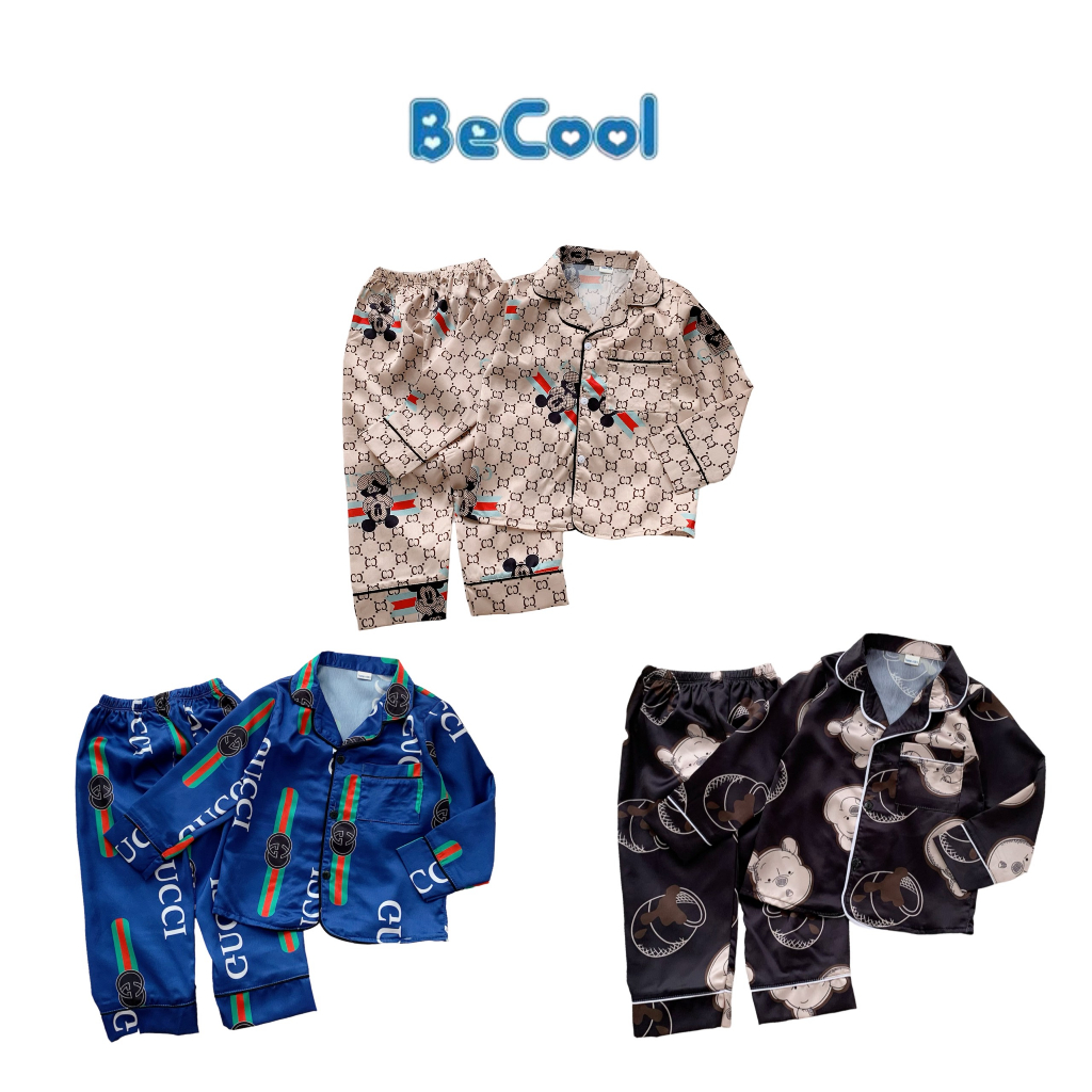 Bộ Pijama Chanel Cho Bé Dài Tay Chất Lụa Cao Cấp, Đồ Ngủ Cho Bé Trai Bé Gái Từ 9-27kg