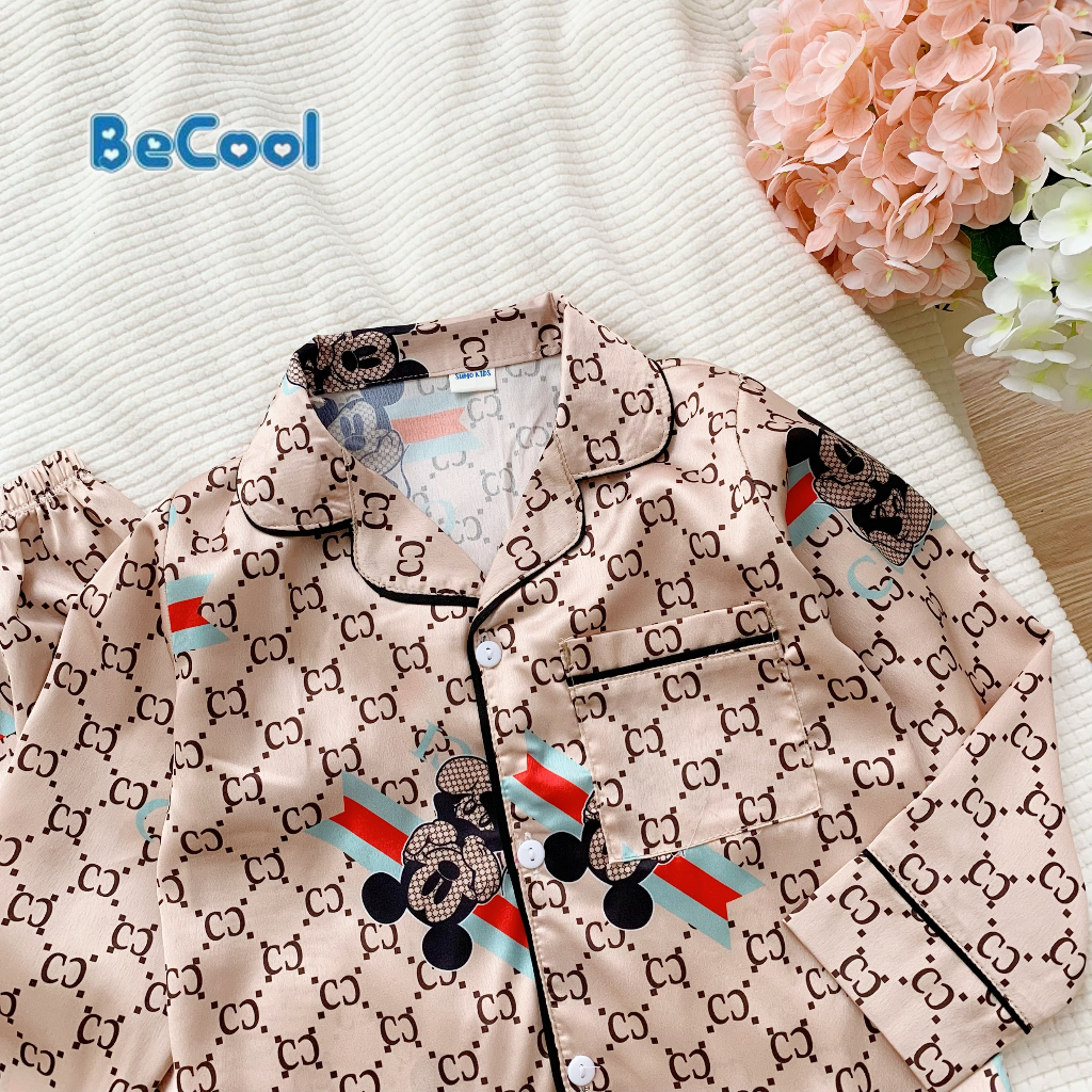 Bộ Pijama Chanel Cho Bé Dài Tay Chất Lụa Cao Cấp, Đồ Ngủ Cho Bé Trai Bé Gái Từ 9-27kg