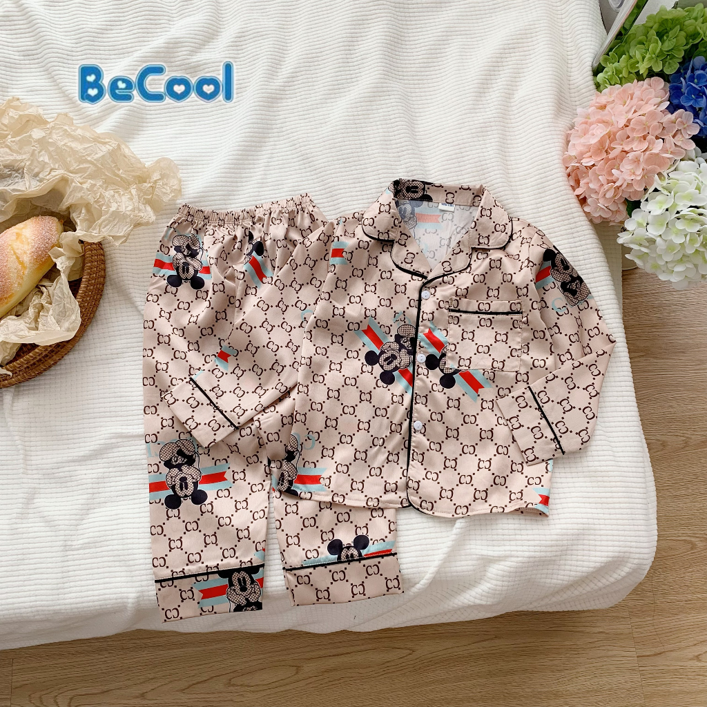Bộ Pijama Chanel Cho Bé Dài Tay Chất Lụa Cao Cấp, Đồ Ngủ Cho Bé Trai Bé Gái Từ 9-27kg