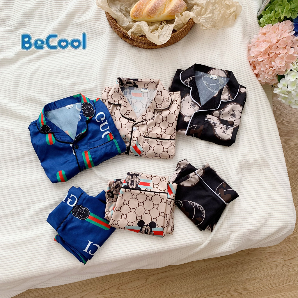 Bộ Pijama Chanel Cho Bé Dài Tay Chất Lụa Cao Cấp, Đồ Ngủ Cho Bé Trai Bé Gái Từ 9-27kg
