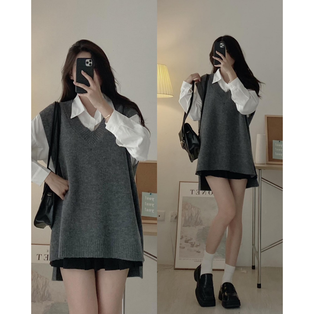 Áo len gile xẻ vạt form rộng trùm vai A01- Retrostyle