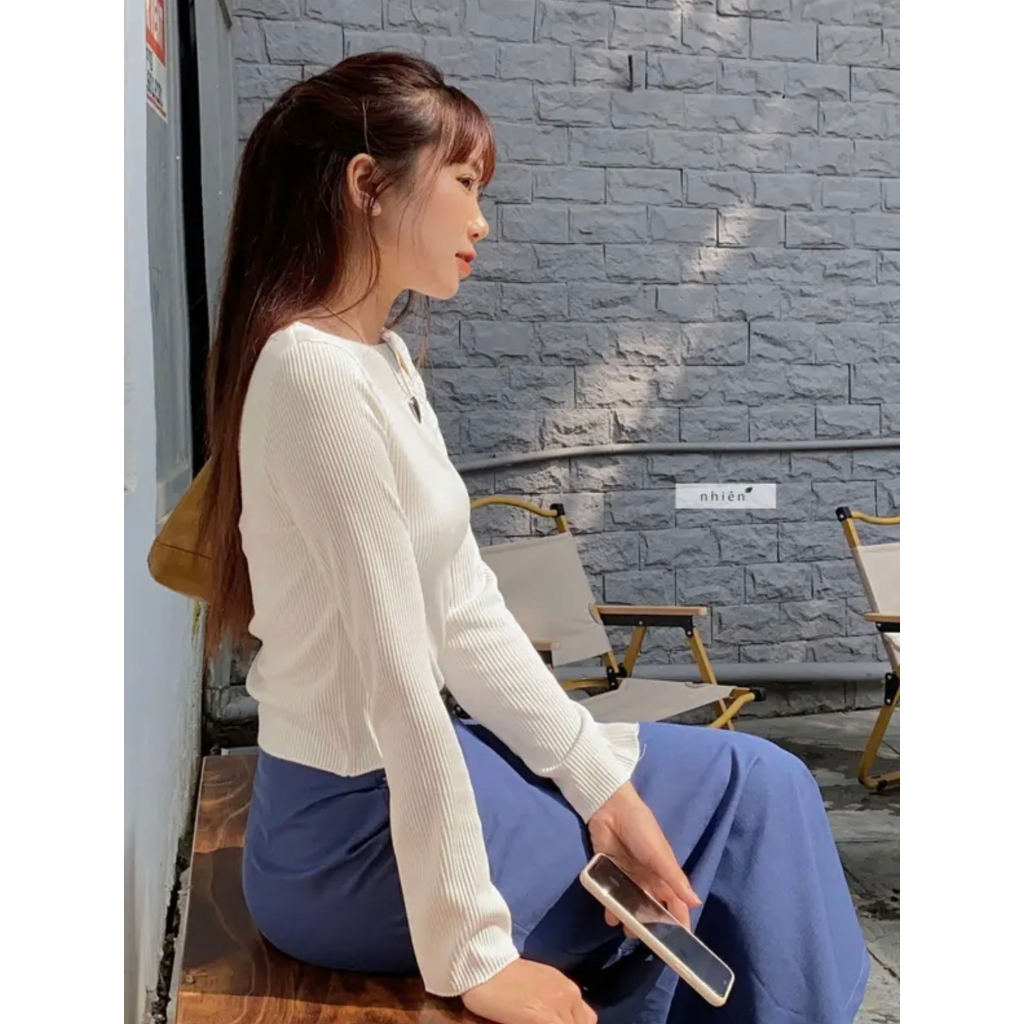 Áo thun dệt kim trễ vai dài tay 6946- Retrostyle