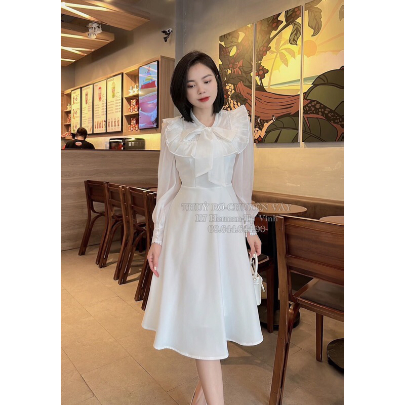 Váy Thiết Kế Cổ Nơ Viền Bèo Tay Dài