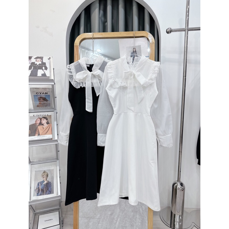 Váy Thiết Kế Cổ Nơ Viền Bèo Tay Dài