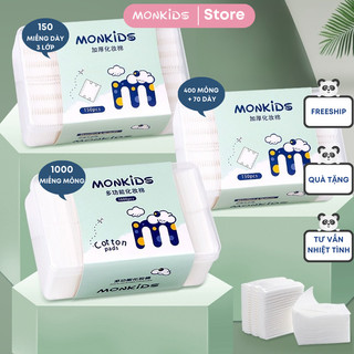 Bông tẩy trang 1000 miếng MONKIDS kèm hộp đựng bông tẩy trang cotton tự nhiên mỏng đắp toner bám dính chất tẩy trang tốt