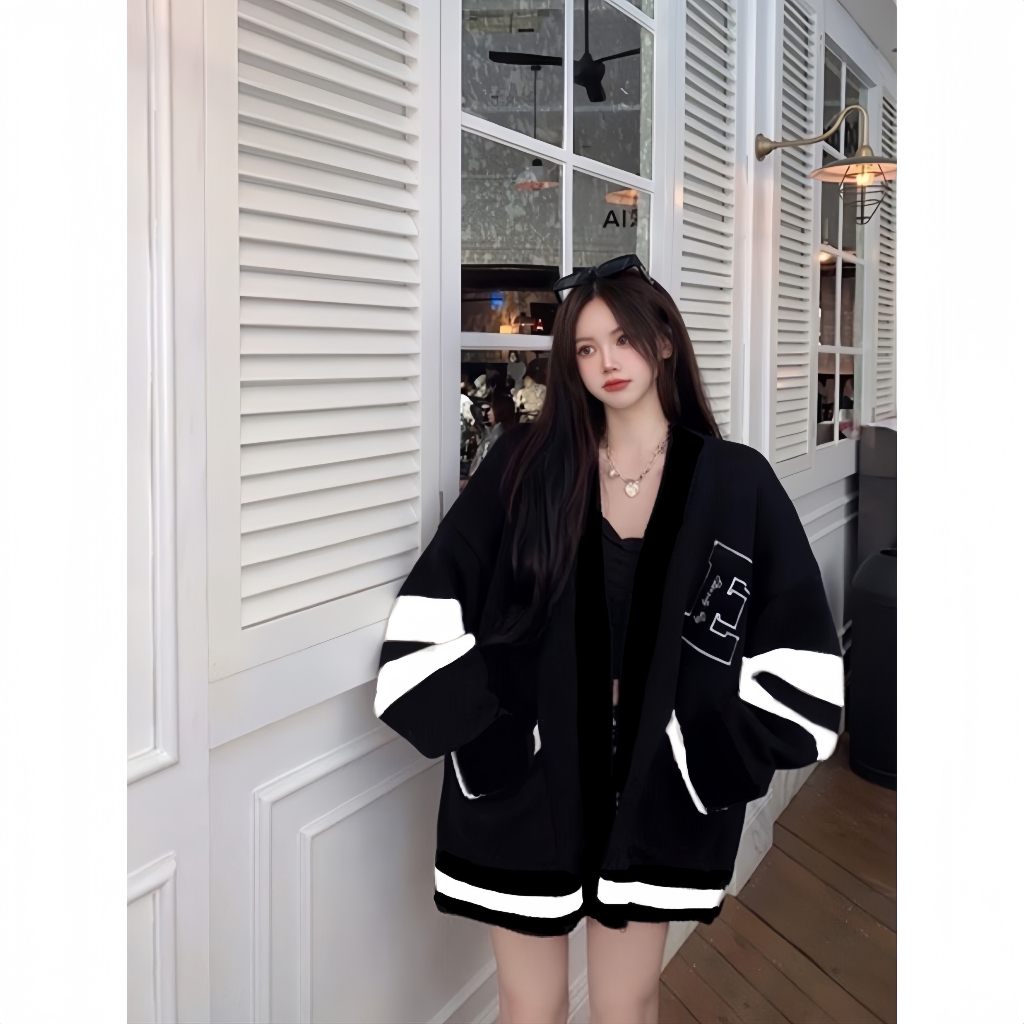 Áo Khoác Nỉ Tay Bo Dáng Rộng - Khoác Cardigan Phối 2 Tay Kẻ Viền Trắng