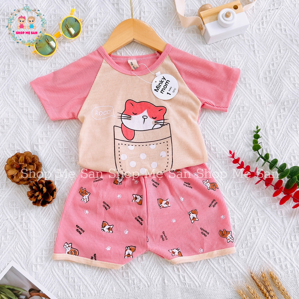 Đồ Bộ Cộc Tay Cho Bé, Quần Áo Trẻ Em Mùa Hè Chất Cotton Thun Tăm Mềm Mịn Mát, Hoạ Tiết In Mèo Đáng Yêu