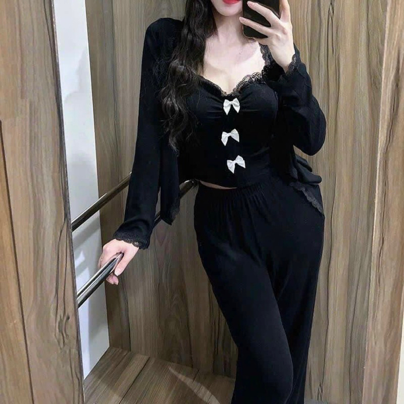 Sét 3 món áo hai dây đính nơ + khoác + quần ống xuông