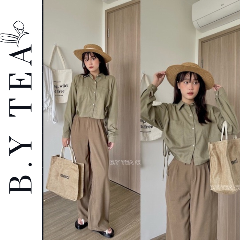 Sơ mi croptop dài tay phối dây rút 2 bên chất linen chuẩn xịn thời trang B.Y Tea Clothing