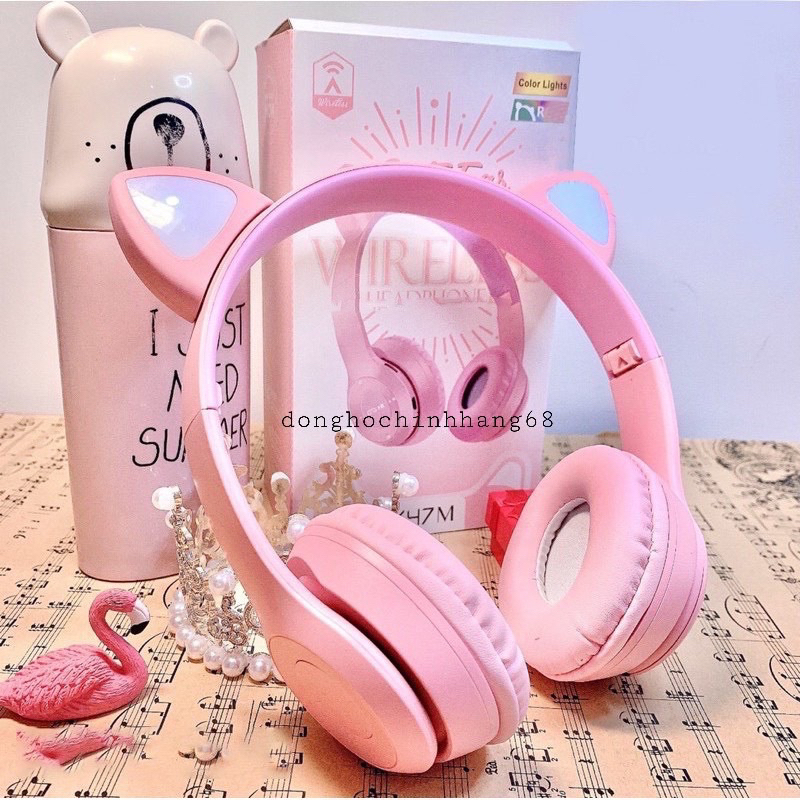 Tai Nghe Mèo Bluetooth P47M, Tai Mèo Dễ Thương Có Mic, Âm Bass Mạnh Mẽ Nghe Nhạc Cực Hay Bảo Hành 1 năm