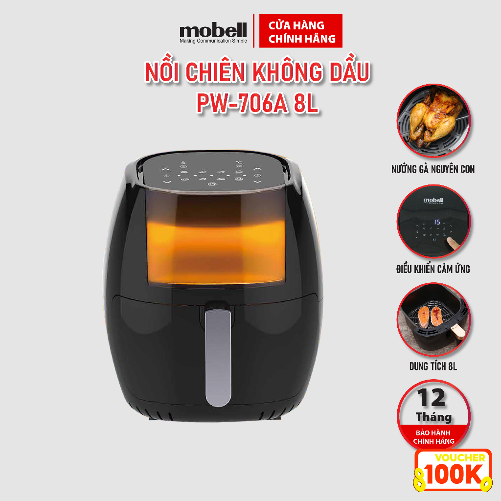 Nồi Chiên Không Dầu Mobell 8L Model PW-706A 1800W Màn Hình Cảm Ứng - Bảo Hành 12 Tháng