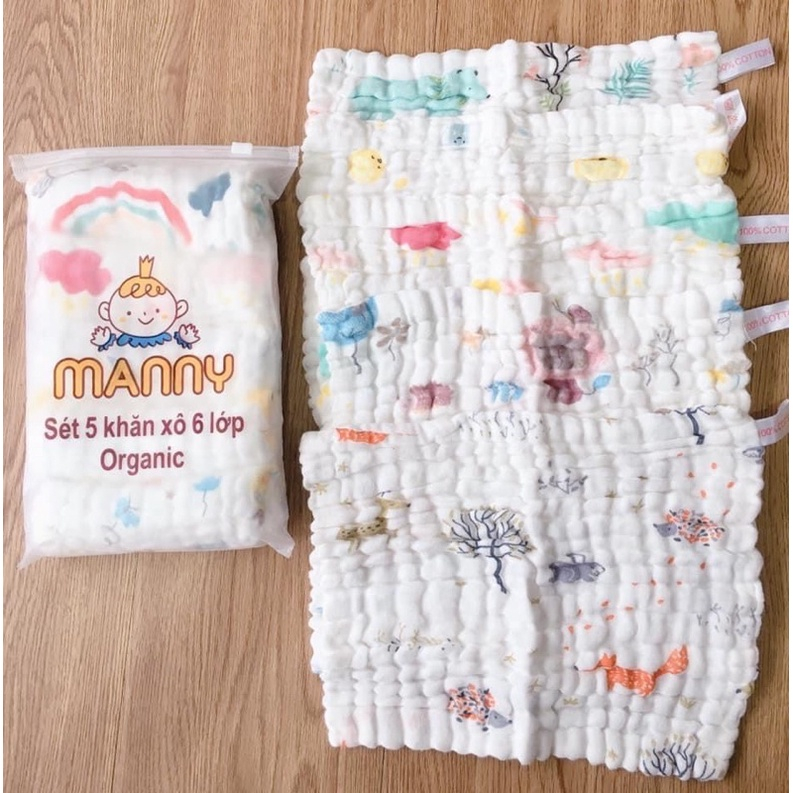 Khăn sữa Aden Many Organic (chất xô nhăn) 6 lớp, set 5 cái