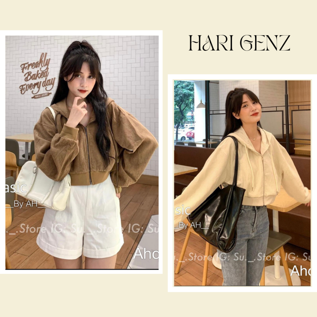 Áo khoác dáng croptop chất nhung tăm dày dặn Hari GenZ 395 P5K11