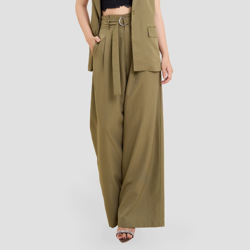 Quần dài ống rộng cotton mịn lưng kiểu xếp ly Maybi