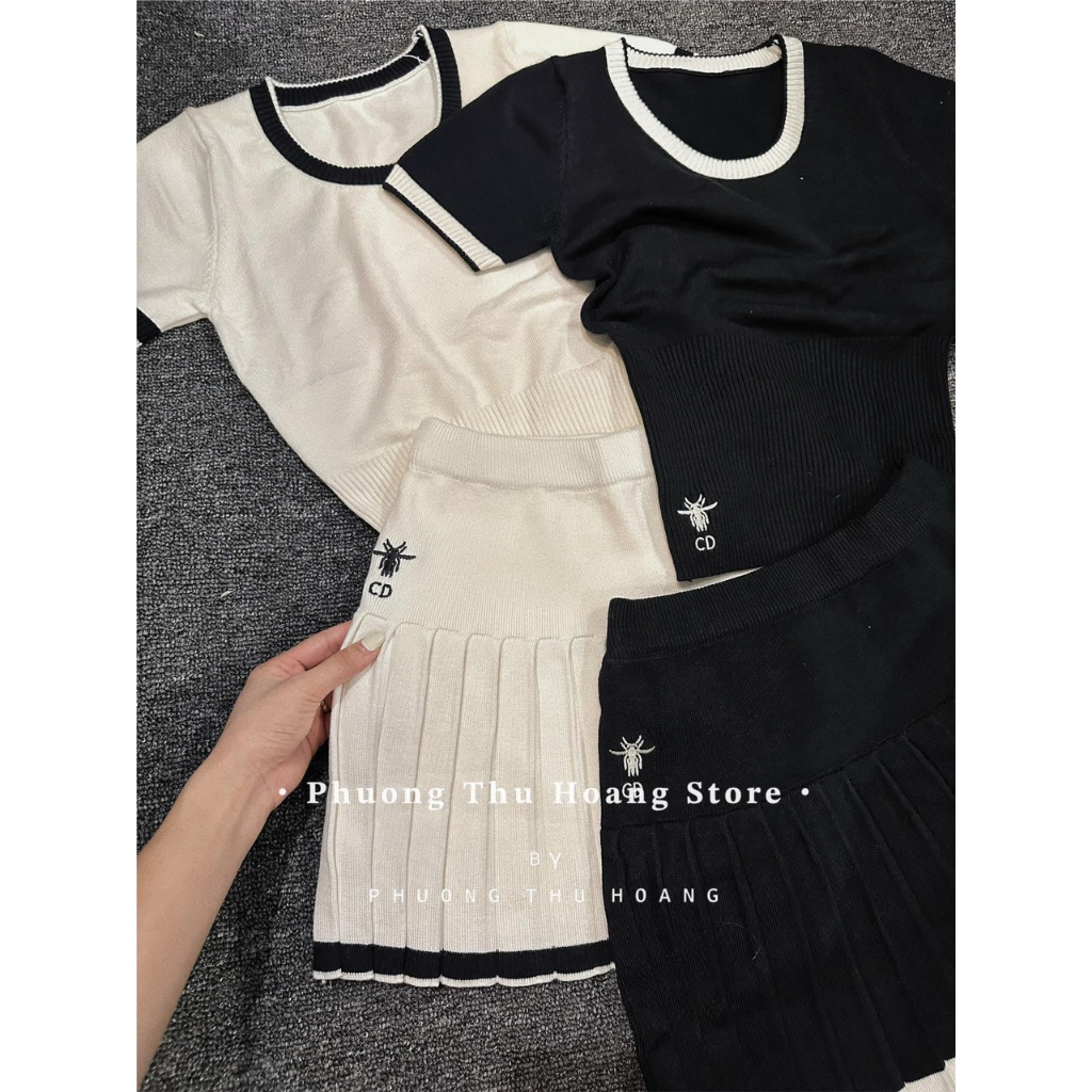 SET LEN THÊU ONG MIX CHÂN VÁY XẾP LY