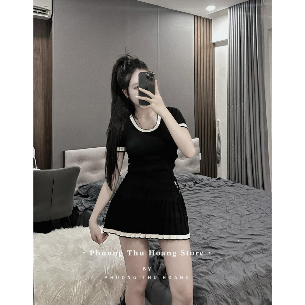 SET LEN THÊU ONG MIX CHÂN VÁY XẾP LY