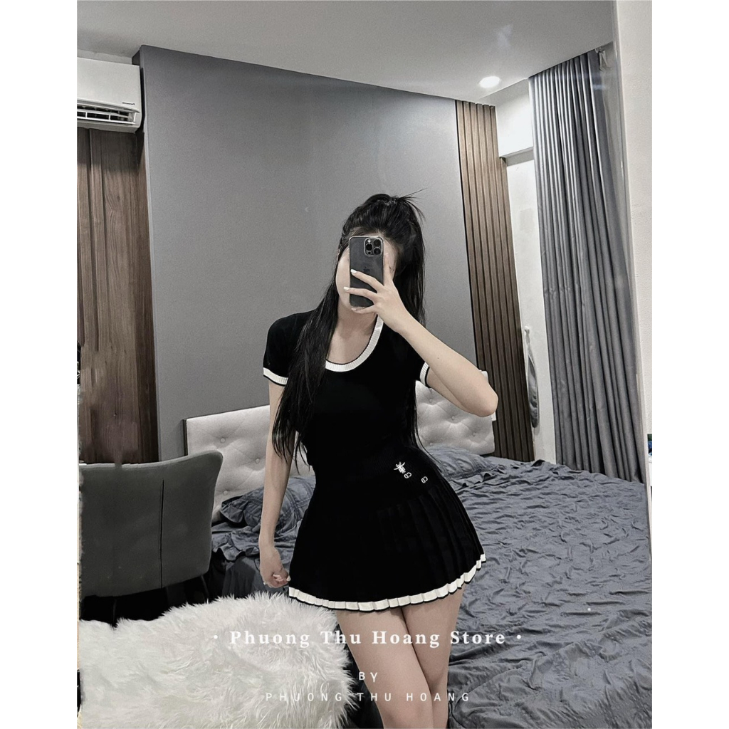 SET LEN THÊU ONG MIX CHÂN VÁY XẾP LY