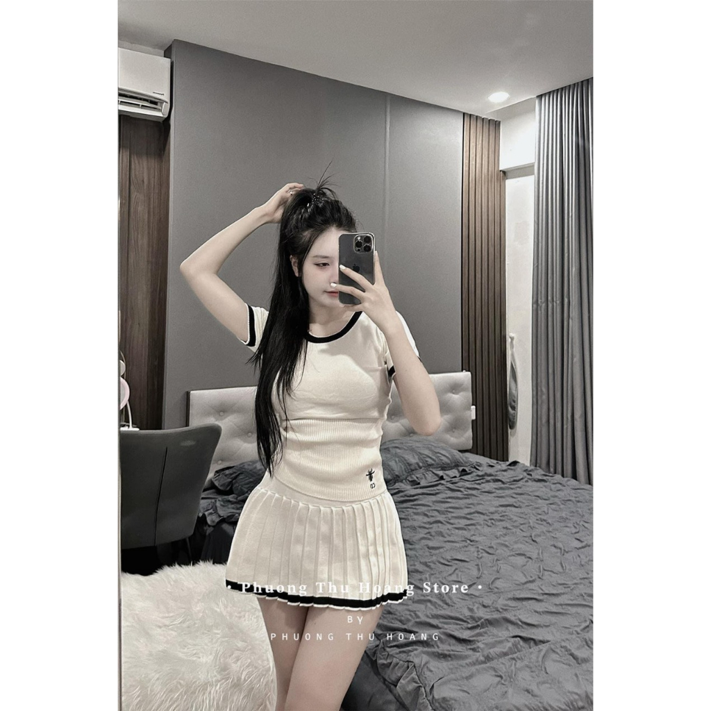 SET LEN THÊU ONG MIX CHÂN VÁY XẾP LY