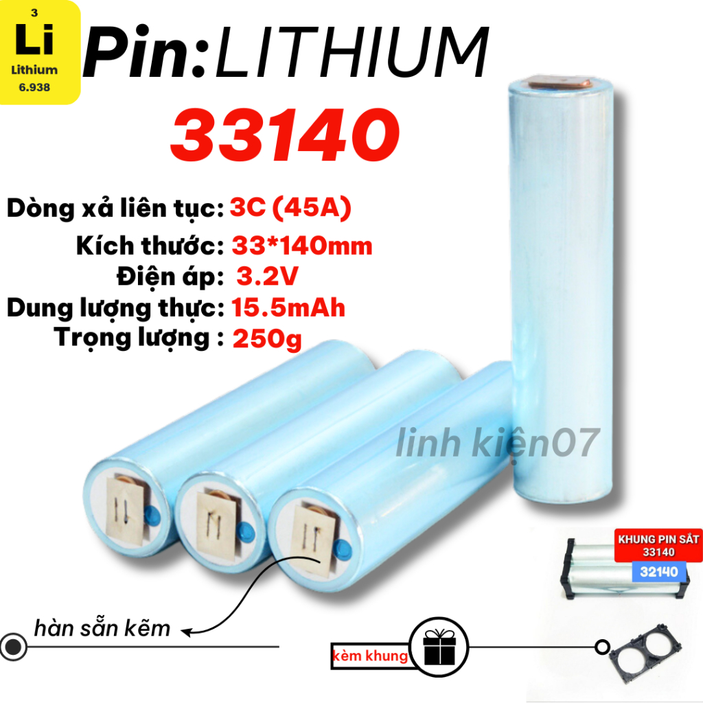 COMBO 6 Pin lithium Cell pin33140 15Ah 3.2V -pin Trọng lượng của 1viên gấp đổi 32650 hàn sẵn kẽm tặng kèm khung