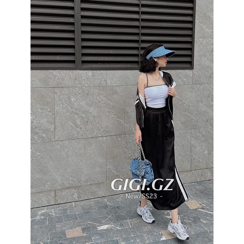 Set Áo Khoá Viền Tay Mix Chân Váy Dáng Dài