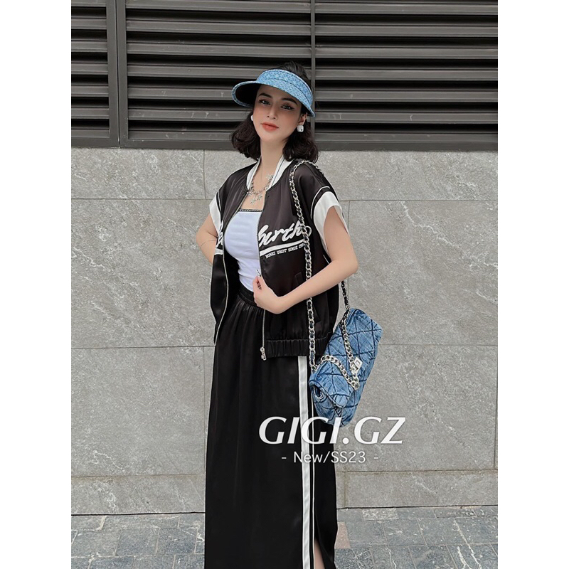 Set Áo Khoá Viền Tay Mix Chân Váy Dáng Dài