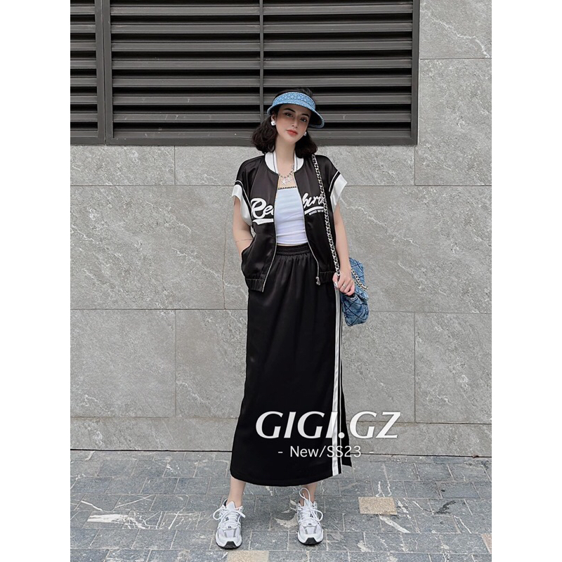 Set Áo Khoá Viền Tay Mix Chân Váy Dáng Dài