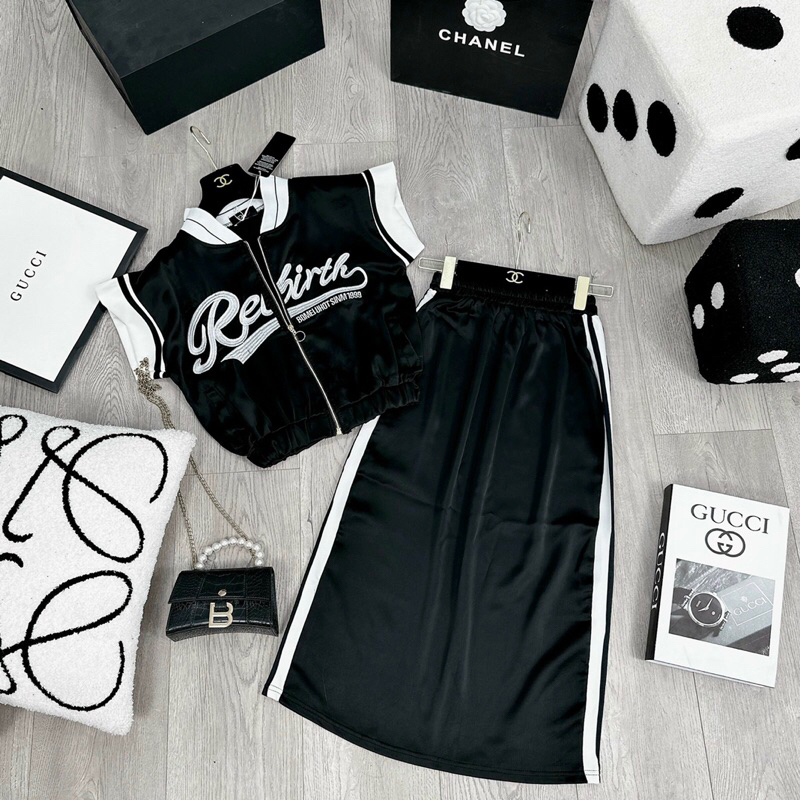 Set Áo Khoá Viền Tay Mix Chân Váy Dáng Dài