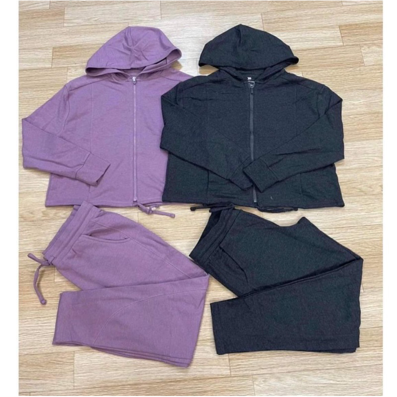 Bộ da cá nữ, áo khoác khoá kéo dây rút gấu, quần jogger, hai màu, hàng dư xịn
