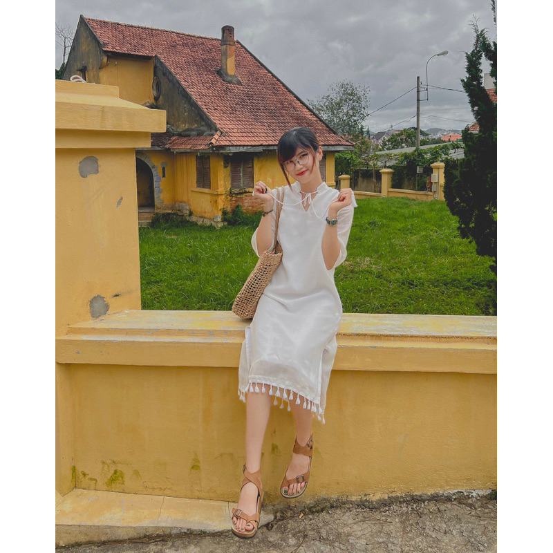 Ren dress - Váy cổ trụ phối tua rua