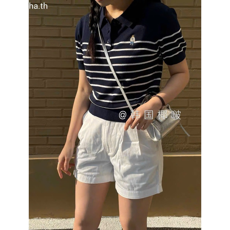 Áo len gấu polo cổ bẻ kẻ ngang, len mongtoghi cộc tay gấu thêu xinh 396