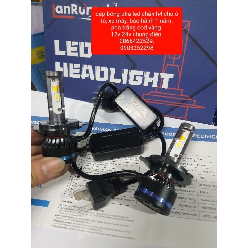 cặp bóng pha led chân h4 bảo hành 1 năm pha trắng cod vàng 3 chế độ sáng chung 12v 24v tăng sáng Run Lai