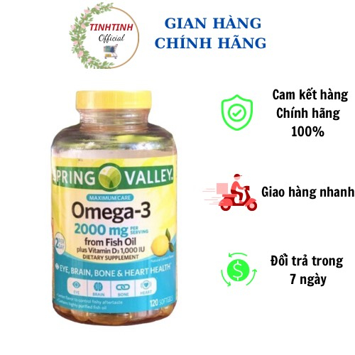 Dầu cá hương chanh Spring Valley Omega 3 2000mg plus vitamin D3 (omega 3 spring valley 2000mg)