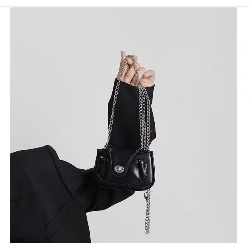 Túi xách nữ Rinni, Túi đeo chéo mini Niche trơn nắp gập kèm dây xích bản nhỏ và dây da