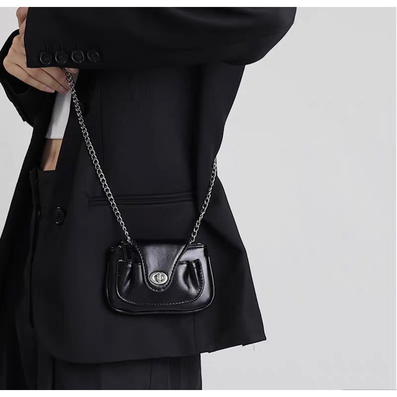 Túi xách nữ Rinni, Túi đeo chéo mini Niche trơn nắp gập kèm dây xích bản nhỏ và dây da