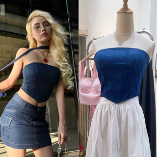 Áo croptop - áo nữ ống quây jeans có mút ngực kèm dây phụ kiện, lưng thun nhún phối với váy jeans túi hộp dáng chữ A