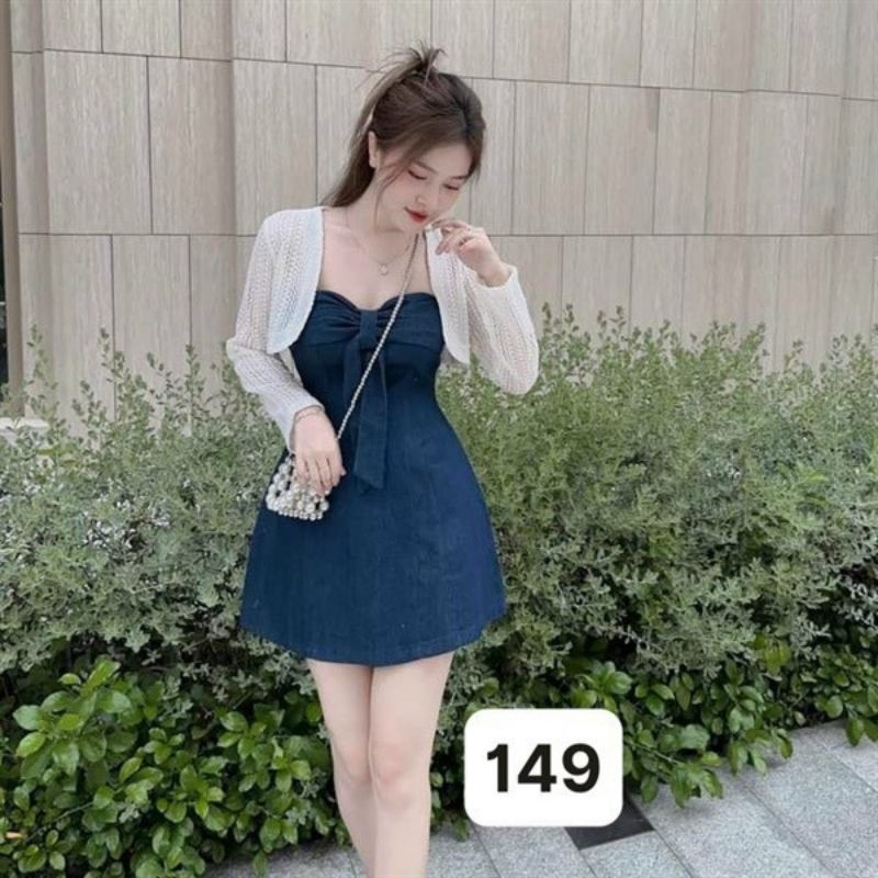 Đầm jean nữ thời trang mặc đi dự tiệc, đi chơi kèm áo khoác ren tay dài siêu xinh.