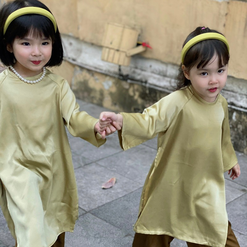 Áo Dài Bé Gái CHICHU xanh cốm lụa ngọc trai Cao Cấp dáng cách tân Tặng Bờm Nhún Và Dây